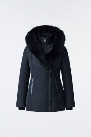 Mackage Adali Blue Fox Fur Signature Mackage Collar Dunrockar Dam Svarta | BOZLC-6901