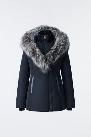 Mackage Adali Silver Fox Fur Signature Mackage Collar Dunrockar Dam Svarta | KATSO-3792