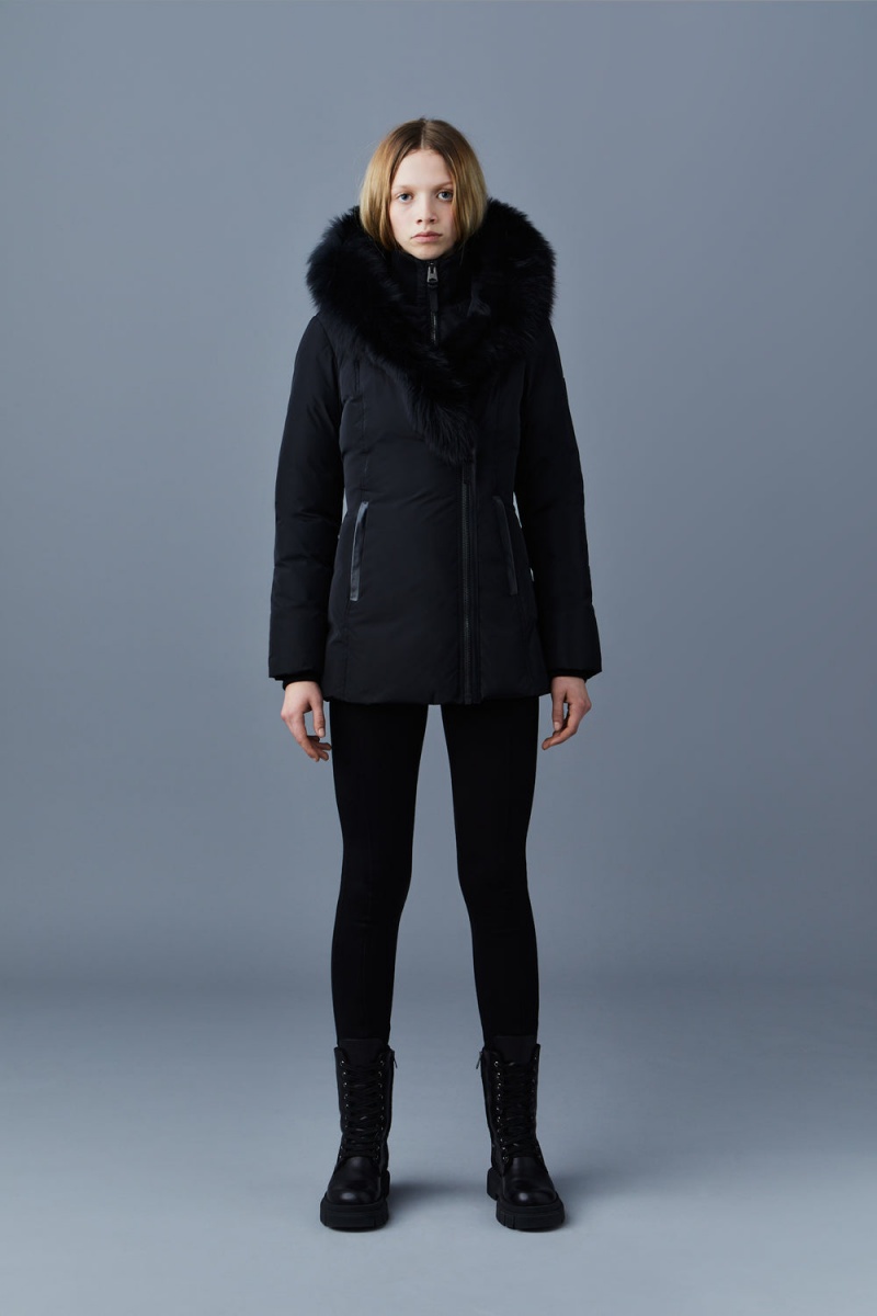 Mackage Adali Blue Fox Fur Signature Mackage Collar Dunrockar Dam Svarta | BOZLC-6901