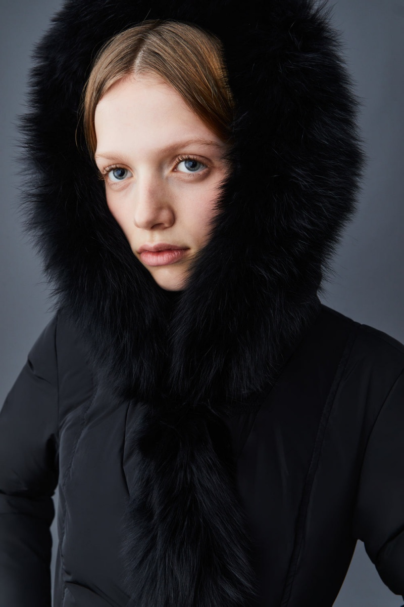 Mackage Adali Blue Fox Fur Signature Mackage Collar Dunrockar Dam Svarta | BOZLC-6901