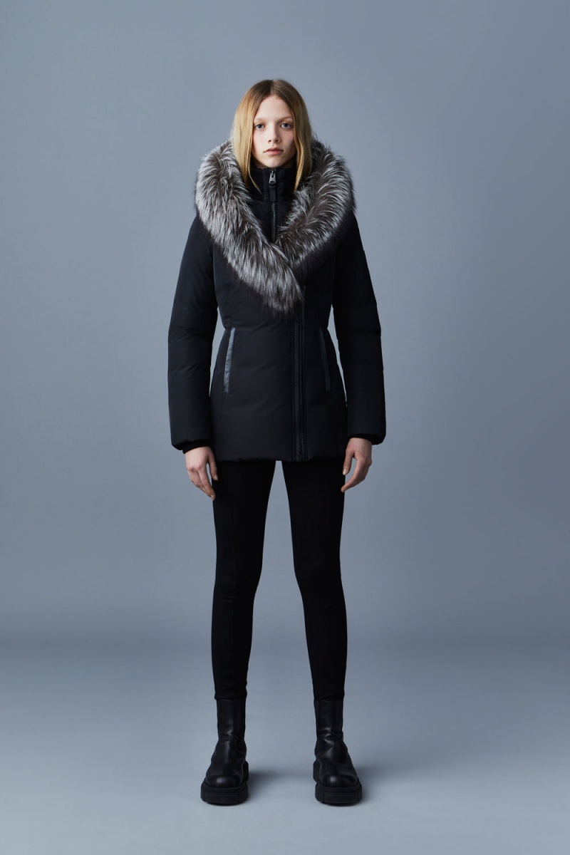 Mackage Adali Silver Fox Fur Signature Mackage Collar Dunrockar Dam Svarta | KATSO-3792