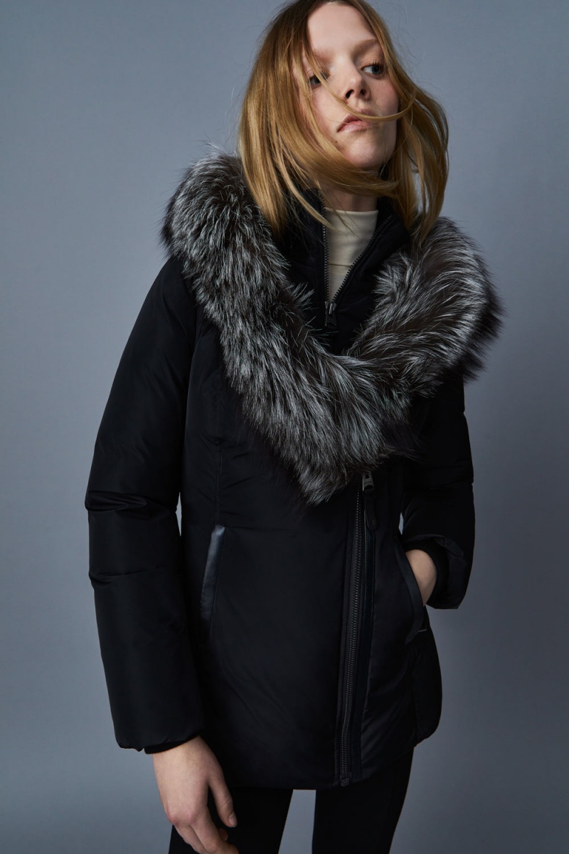 Mackage Adali Silver Fox Fur Signature Mackage Collar Dunrockar Dam Svarta | KATSO-3792