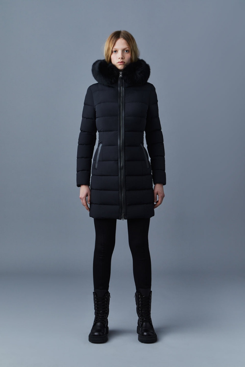 Mackage Calla Agile-360 Stretch Light Blue Fox Fur Collar Dunrockar Dam Svarta | MSJQH-7624