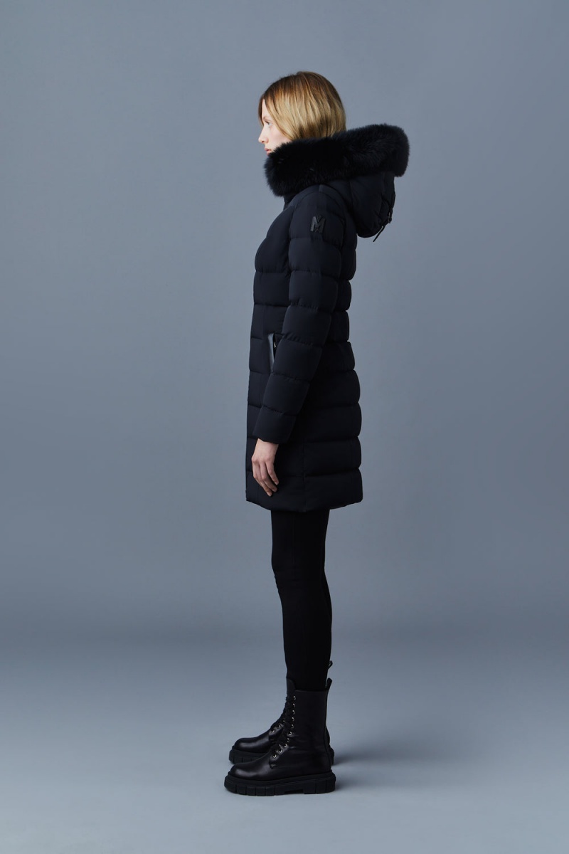 Mackage Calla Agile-360 Stretch Light Blue Fox Fur Collar Dunrockar Dam Svarta | MSJQH-7624