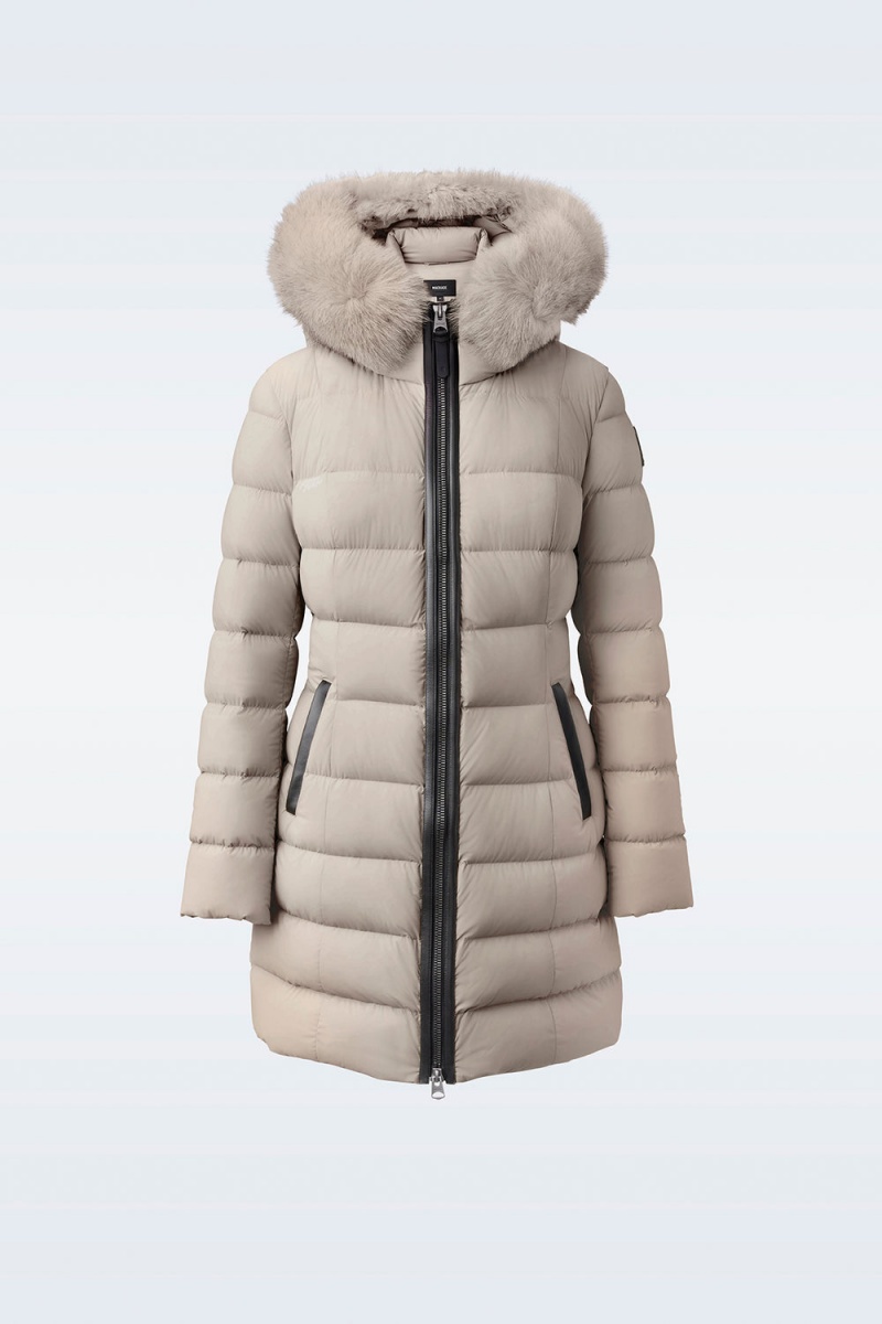 Mackage Calla Agile-360 Stretch Light Blue Fox Fur Collar Dunrockar Dam Beige | QMHTL-8069