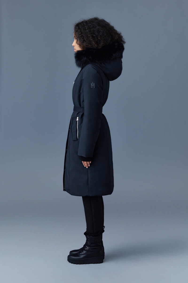 Mackage Kailyn Flared Blue Fox Fur Hood Dunrockar Dam Svarta | PJQBA-3915