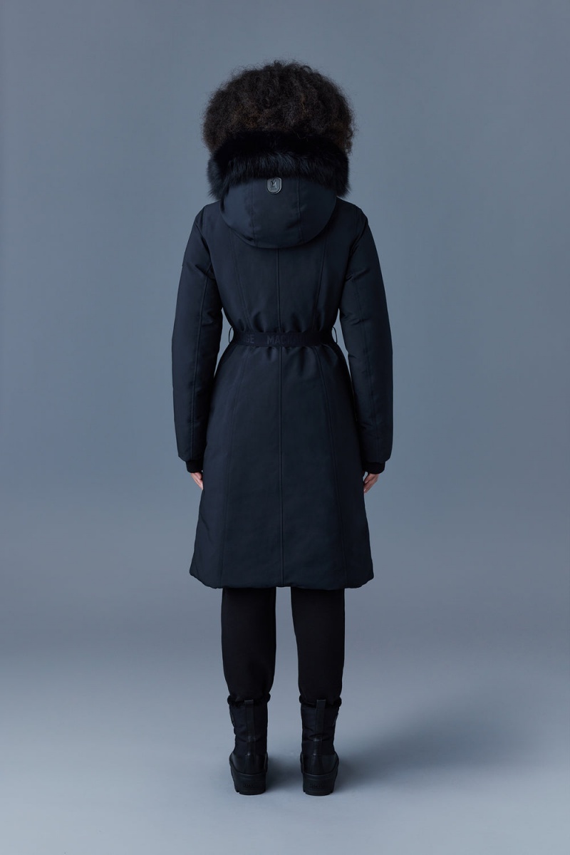 Mackage Kailyn Flared Blue Fox Fur Hood Dunrockar Dam Svarta | PJQBA-3915