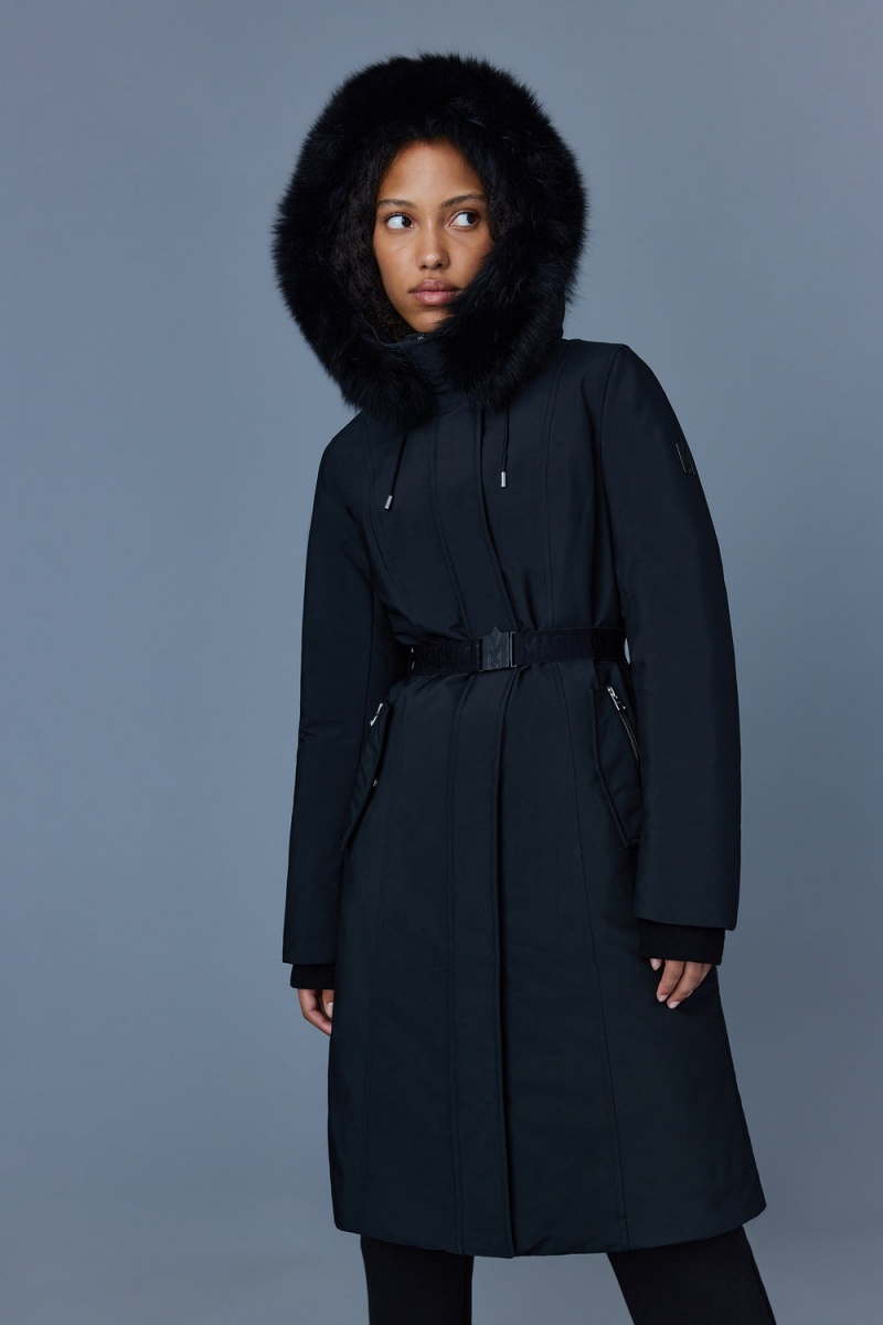 Mackage Kailyn Flared Blue Fox Fur Hood Dunrockar Dam Svarta | PJQBA-3915