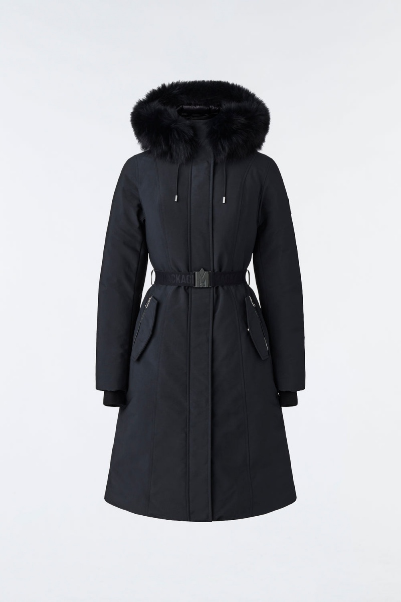 Mackage Kailyn Flared Blue Fox Fur Hood Dunrockar Dam Svarta | PJQBA-3915