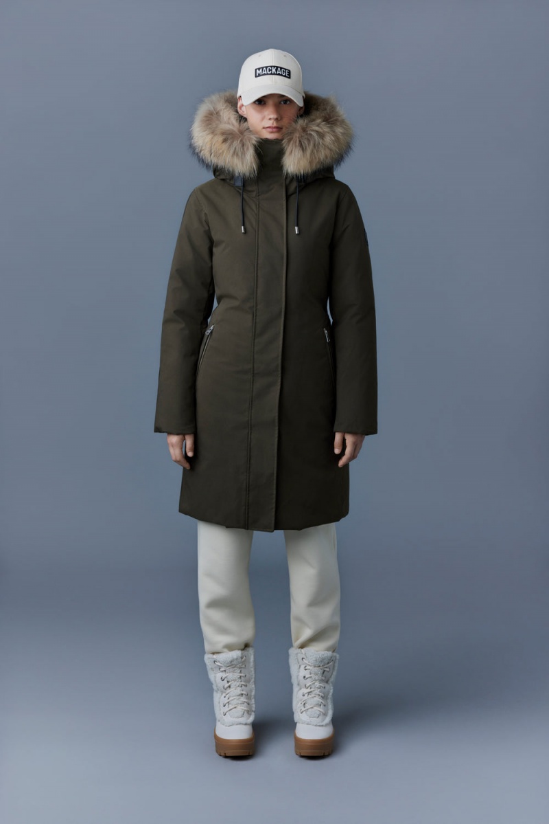 Mackage Shiloh 2-In-1 Fitted Removable Bib And Natural Fur Dunrockar Dam Olivgröna | FBTLO-0359