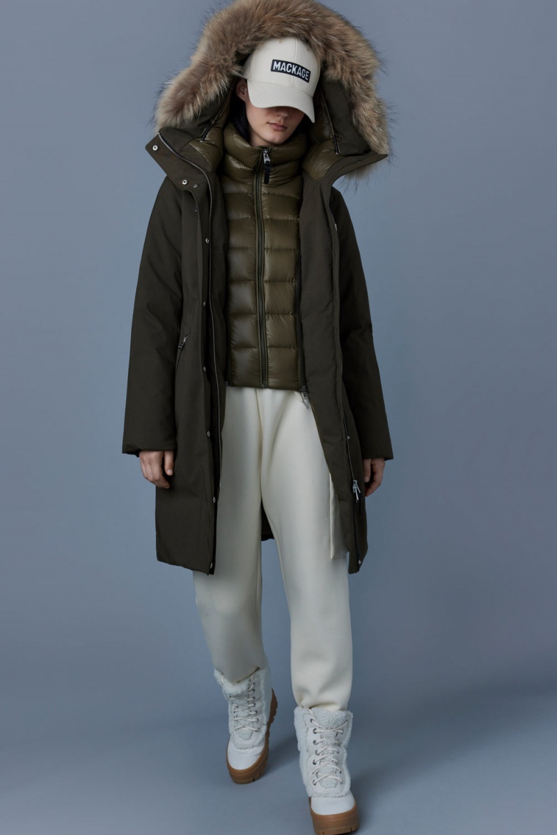 Mackage Shiloh 2-In-1 Fitted Removable Bib And Natural Fur Dunrockar Dam Olivgröna | FBTLO-0359