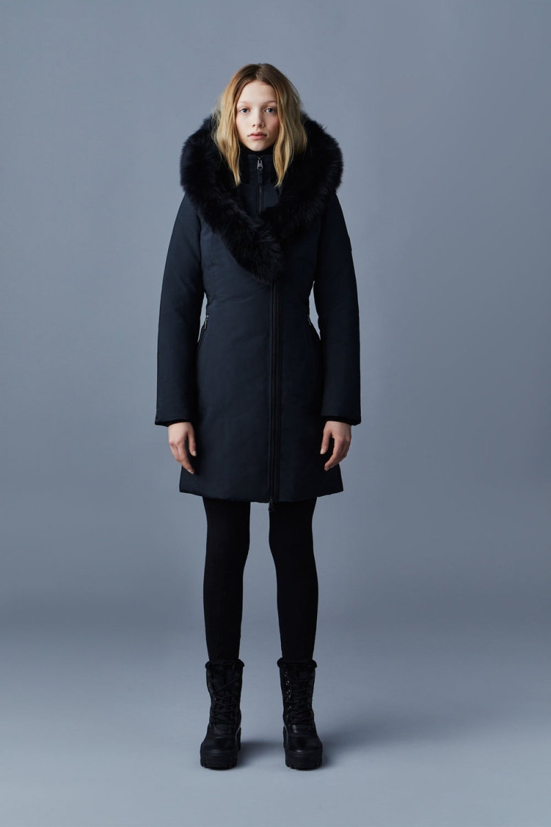 Mackage Trish Powder Touch Blue Fox Fur Signature Mackage Collar Dunrockar Dam Svarta | CBYGJ-9752