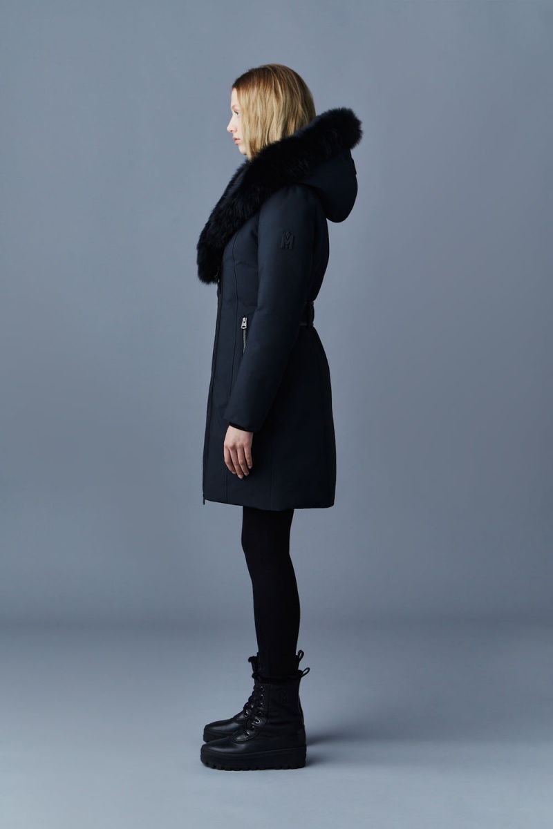 Mackage Trish Powder Touch Blue Fox Fur Signature Mackage Collar Dunrockar Dam Svarta | CBYGJ-9752