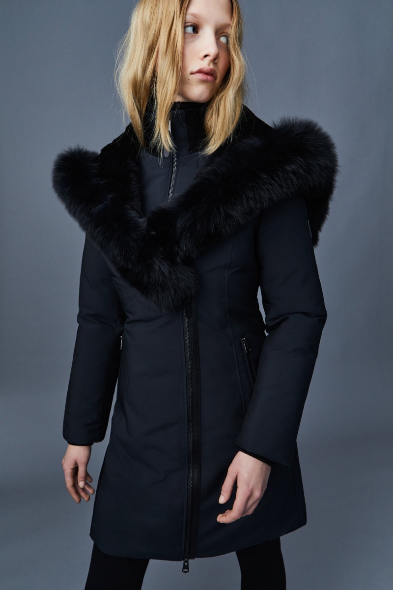Mackage Trish Powder Touch Blue Fox Fur Signature Mackage Collar Dunrockar Dam Svarta | CBYGJ-9752