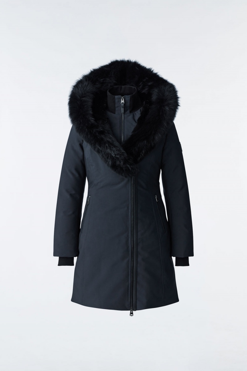 Mackage Trish Powder Touch Blue Fox Fur Signature Mackage Collar Dunrockar Dam Svarta | CBYGJ-9752