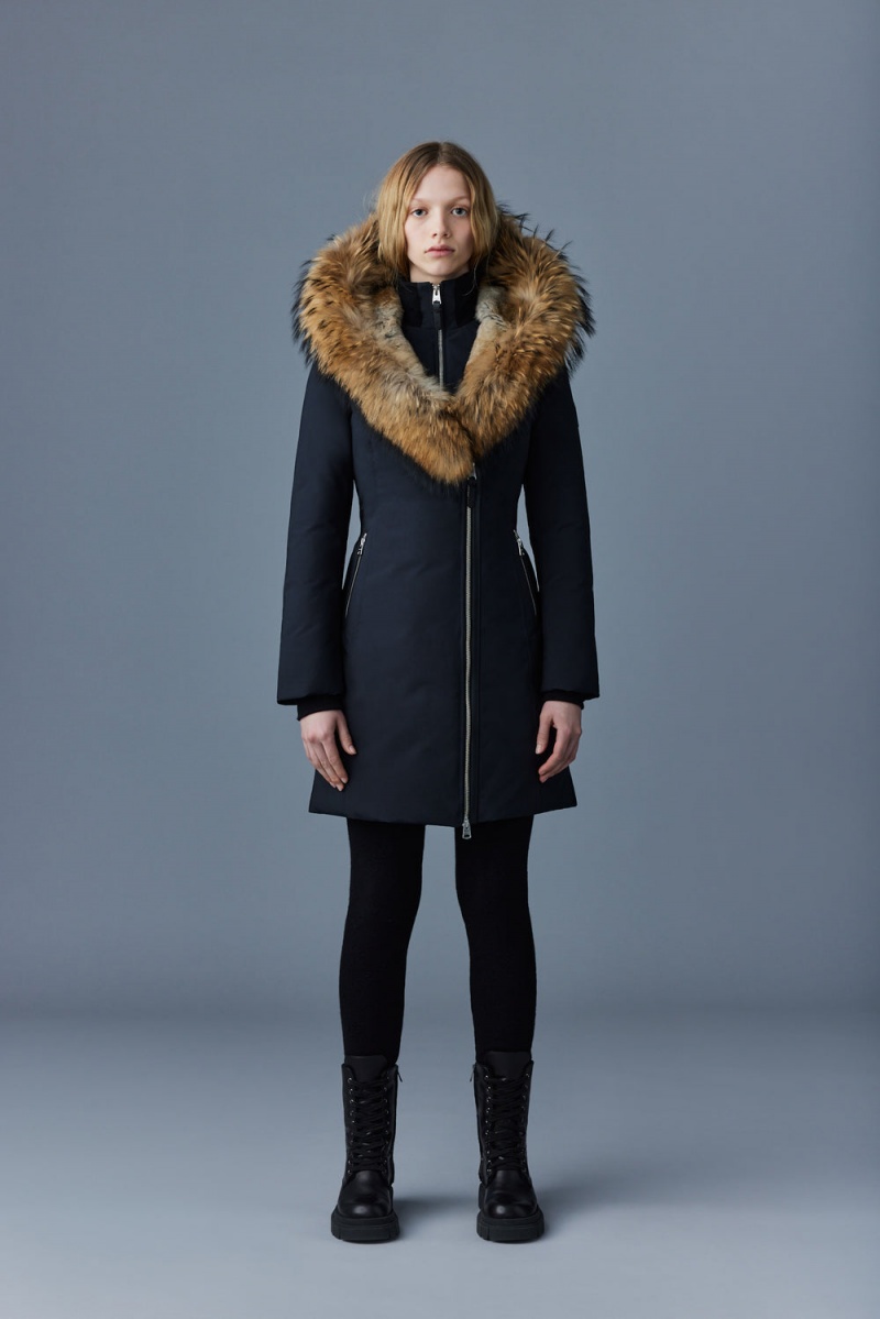 Mackage Trish Powder Touch Natural Fur Signature Mackage Collar Dunrockar Dam Svarta | KMDCH-6078