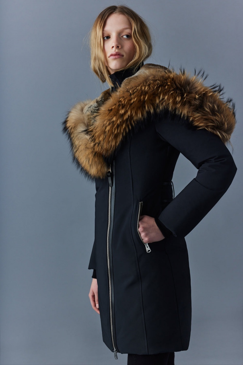 Mackage Trish Powder Touch Natural Fur Signature Mackage Collar Dunrockar Dam Svarta | KMDCH-6078