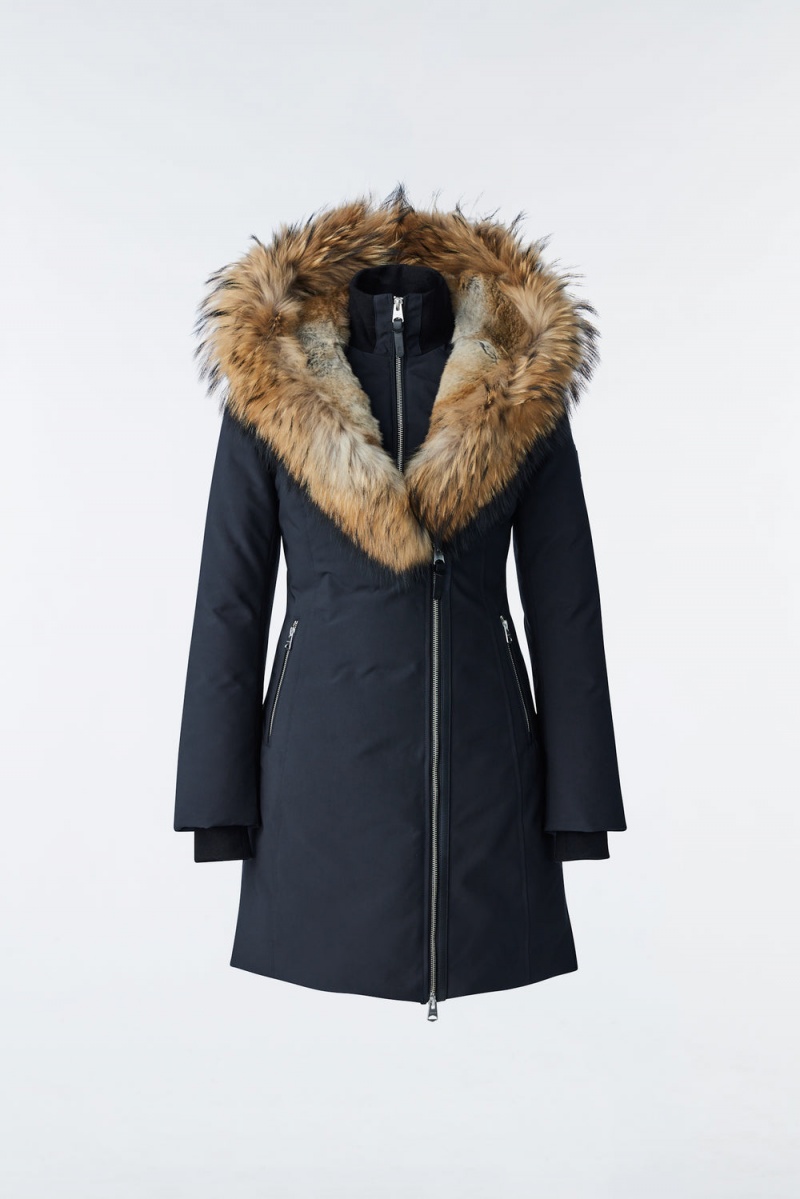 Mackage Trish Powder Touch Natural Fur Signature Mackage Collar Dunrockar Dam Svarta | KMDCH-6078