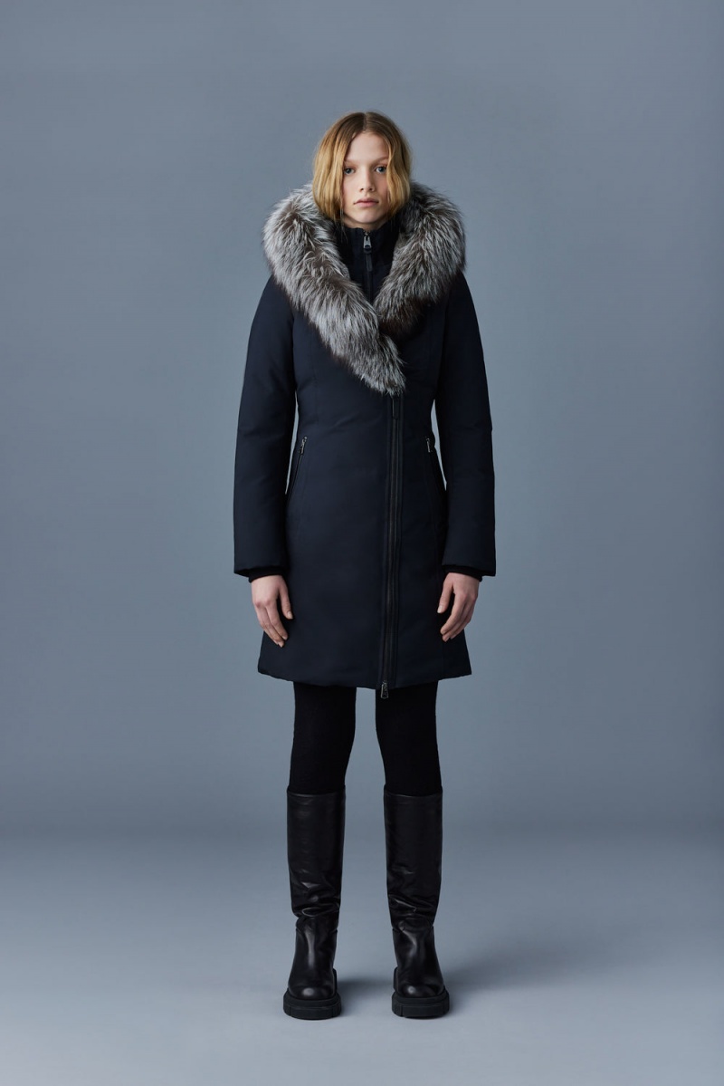 Mackage Trish Powder Touch Silver Fox Fur Signature Mackage Collar Dunrockar Dam Svarta | RLVBZ-2654
