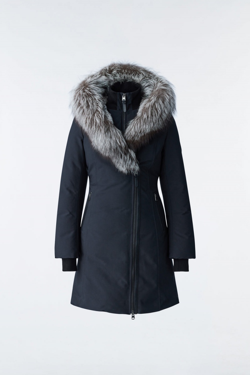 Mackage Trish Powder Touch Silver Fox Fur Signature Mackage Collar Dunrockar Dam Svarta | RLVBZ-2654